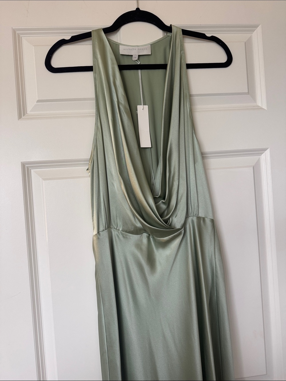 Sleeveless Draped Satin Maxi Dress in Light Sage by Michael Stars
